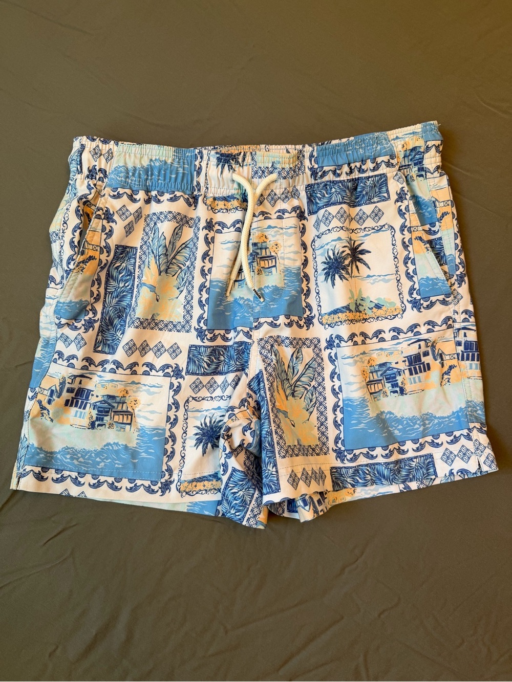 Men's RSQ Tropical Print Swim Shorts - Blue & White